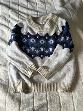 aerie Cream & Navy Patterned Crewneck Sweater